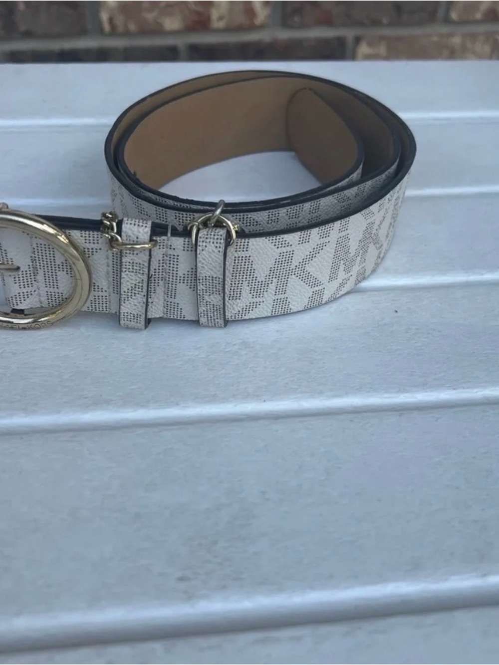 Michael Kors White Logo Print Belt with Gold Buckle